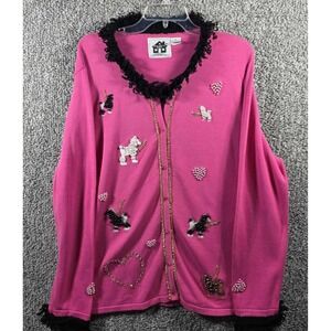 Storybook Knits Cardigan Sweater Pink‎ Dog Poodle Heart Beaded Womens 2X